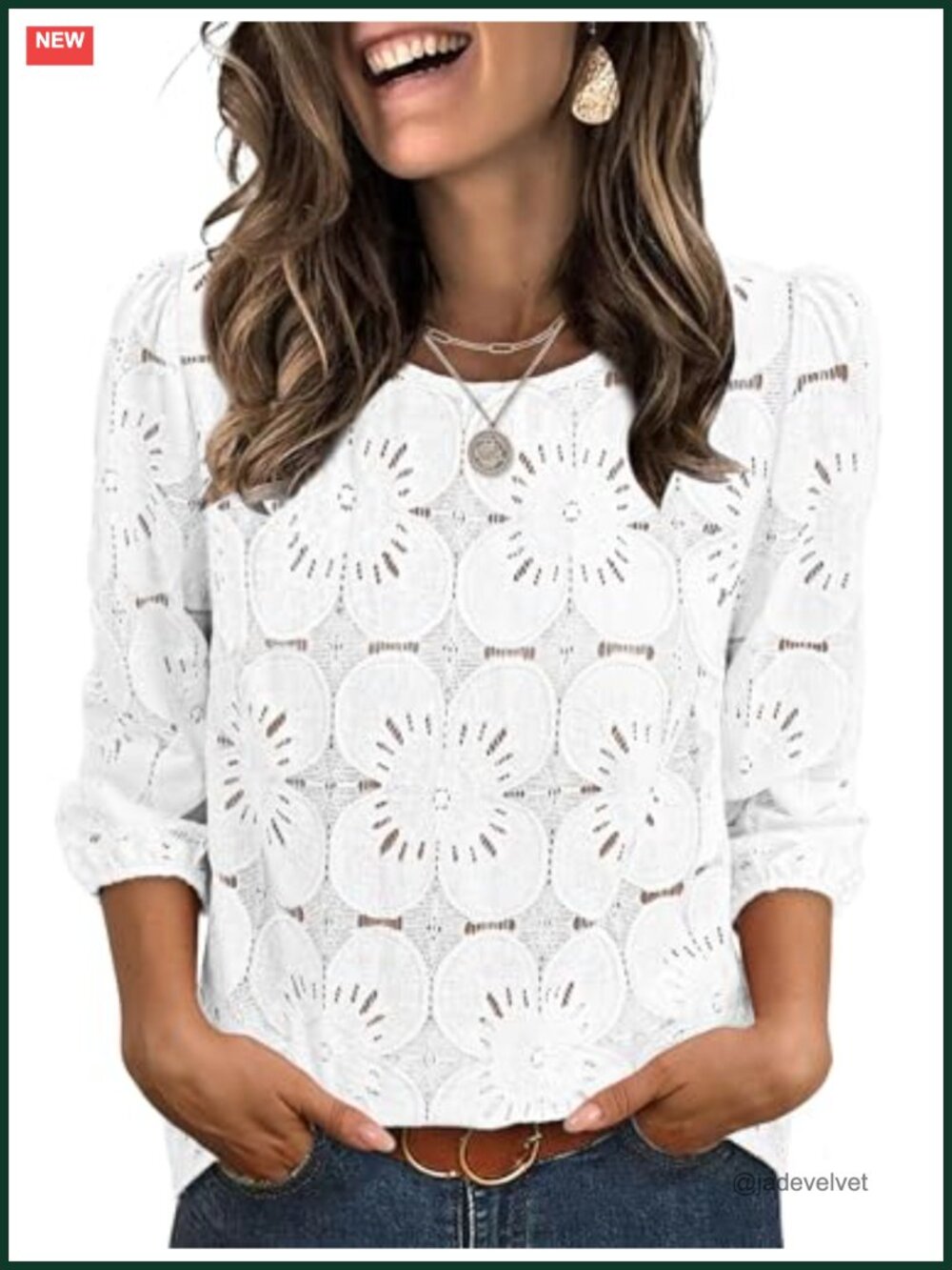 Women's Eyelet Lace 3/4 Sleeve Blouse - Dressy Casual Top